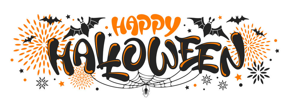 Happy Halloween unique lettering. Holiday calligraphy by brush with bat, spider, web, and decorative elements for banner, poster, greeting card, party invitation. Isolated vector illustration