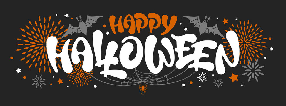 Happy Halloween unique lettering. Holiday calligraphy by brush with bat, spider, web, and decorative elements for banner, poster, greeting card, party invitation. Isolated vector illustration