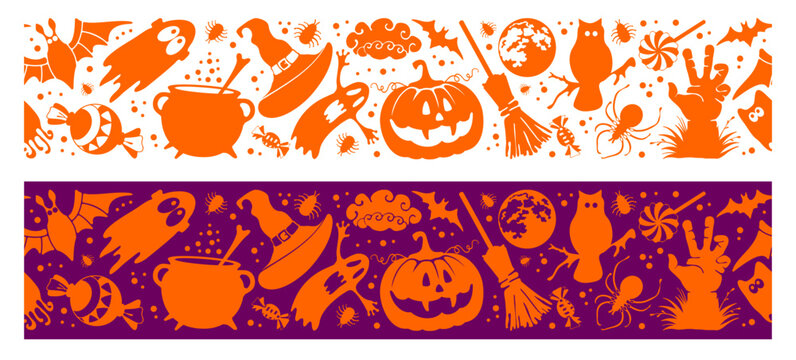 Happy Halloween seamless border set. Holiday pattern with halloween theme objects, pumpkin, ghost, bat, witch hat and cauldron and other. Isolated on white and violet background. Vector illustration