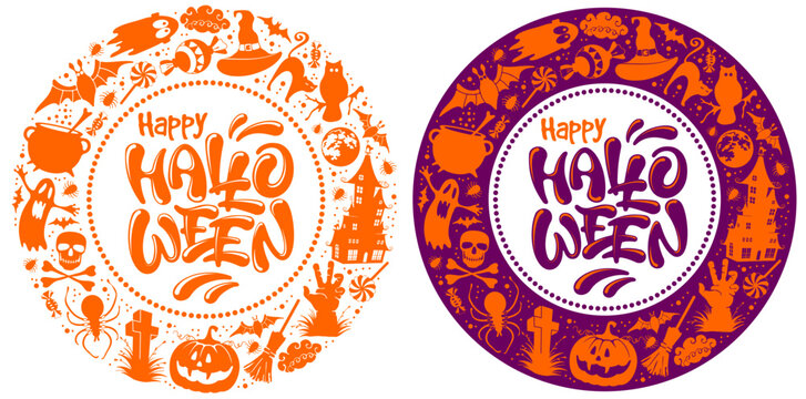 Happy Halloween circle frame set. Holiday pattern with calligraphy lettering, pumpkin, ghost, bat, witch hat and cauldron and other. Isolated on white and violet background. Vector illustration