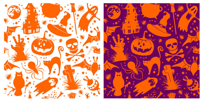 Happy Halloween seamless pattern set. Holiday wallpaper with halloween theme objects, pumpkin, ghost, bat, witch cauldron and other. Isolated on white and violet background. Vector illustration