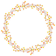 Decorative wreath from branches maple tree with autumn leaves