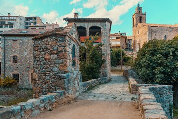 View from the bridge of the church of Sant Esteve in the medieval village of Bagá, Barcelona,...