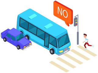 Car and bus near pedestrian crossing on street. Drivers stop in front of crosswalk with pedestrian. Man crossing road, running to stop signal. Movement and transportation in city, road marking