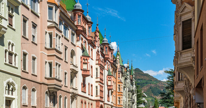 The picturesque and colorful buildings of Bolzano. Trentino Alto Adige, Italy.