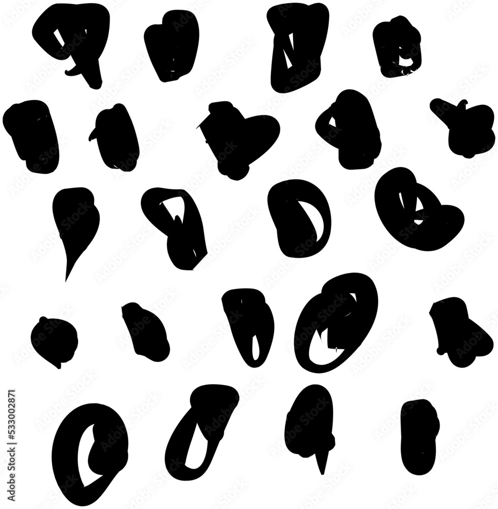 Poster set of black round ink splashes and drops of different shapes made with brush. blobs and spatters. m