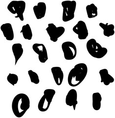 Set of black round ink splashes and drops of different shapes made with brush. Blobs and spatters. Monochrome stain design hand drawn element for magazine, flyers, billboard. Abstract textured effect