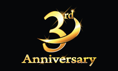 3 year anniversary celebration logo.  Anniversary celebration. Gold Luxury Banner of 3rd Anniversary celebration. Third celebration card. Vector anniversary