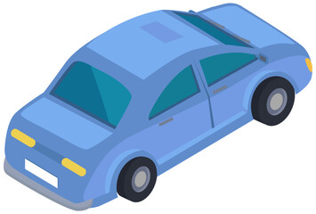 Blue family car for driving on road. Transport for traveling and city trips. Flat isometric automobile isolated background. Modern 3d car design transport and equipment, vehicle sedan side view