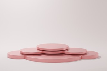 3d rendered studio with geometric shapes white Podium on the floor.Abstract Platforms for product presentation, mock up pink pastel background color.