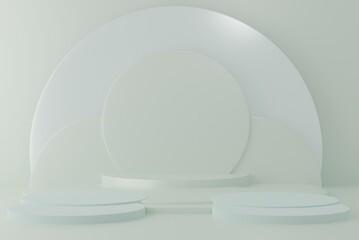 3d rendered studio with geometric shapes white Podium on the floor.Abstract Platforms for product presentation, mock up pink pastel background color.