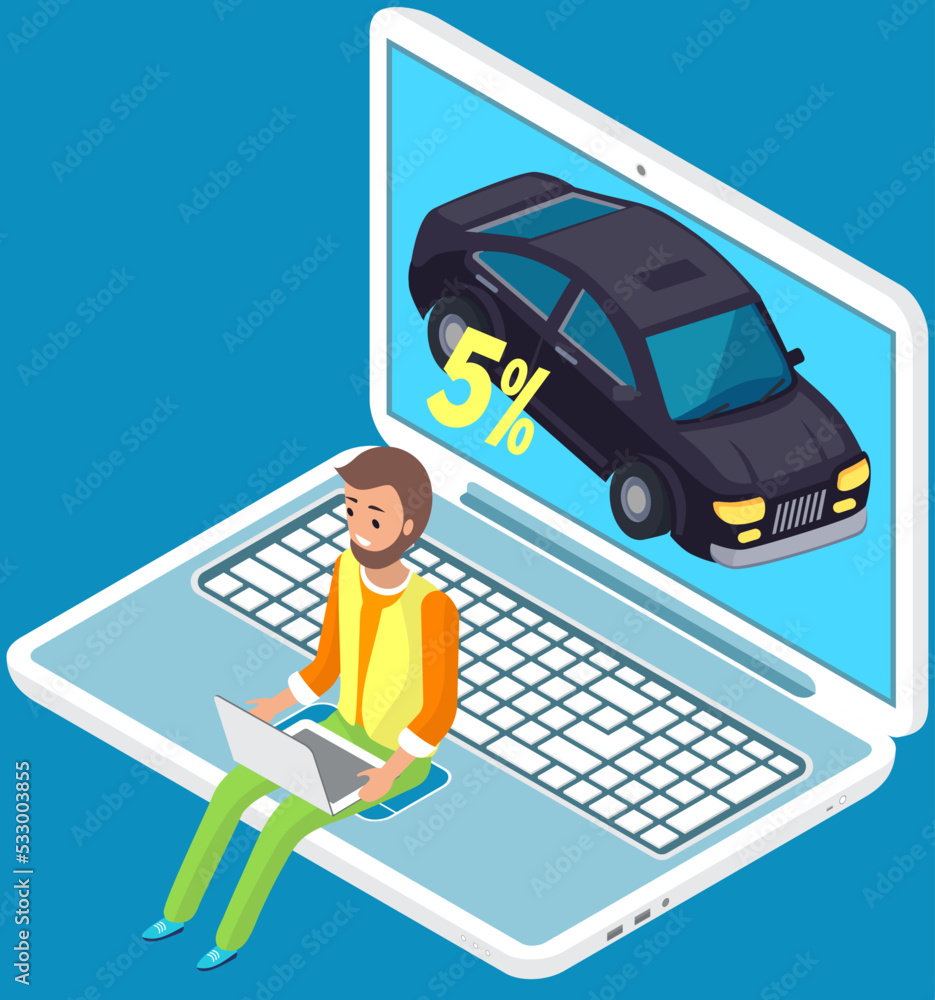 Poster man sells or rents automobile. program for transport purchase on computer screen. guy with laptop pu
