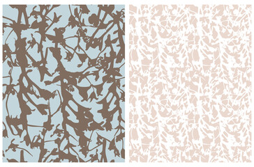Abstract Floral Seamless Vector Patterns with White and Brown Hand Drawn Twigs on a Pastel Blue and Light Beige Background. Simple Irregular Botanical Repeatable Print ideal for Fabric, Textile.