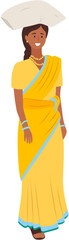 Young beautiful cartoon style Indian woman in traditional clothes isolated on white background. Female character dressed in costume sari stands at full height, keep goods on her head, asian person