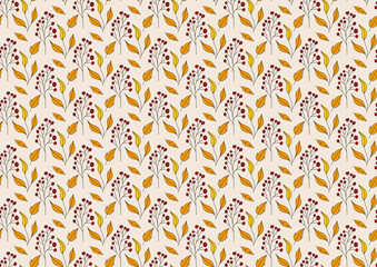 Seamless pattern of autumn leaves and berries. Red, yellow and orange colors