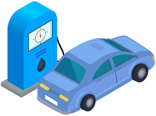 Refueling automobile, ensuring operation of vehicle. Auto refuels with gasoline, benzine. High quality car fuel in gas station. Car near fuel dispenser in petrol filling station vector illustration