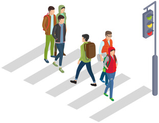 Pedestrian crossing on street. Crosswalk with pedestrians. Men and women crossing city road. Movement and transportation in town. Track with road marking and traffic light vector illustration