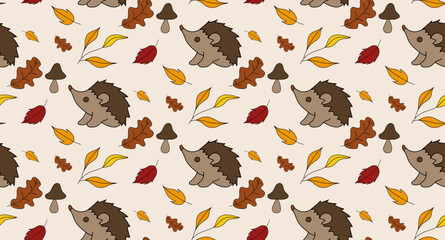 Seamless pattern with hedgehog and mushroom. Autumn pattern in vector © Anna Garifulina 