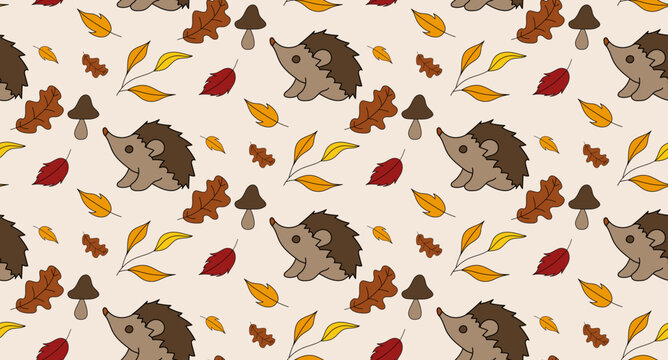 Seamless pattern with hedgehog and mushroom. Autumn pattern in vector