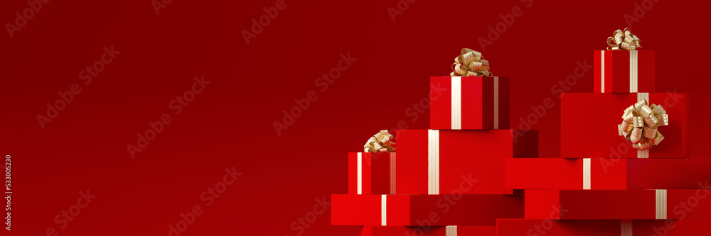 Poster minimal product background for christmas, new year and sale event concept. red gift box with golden 