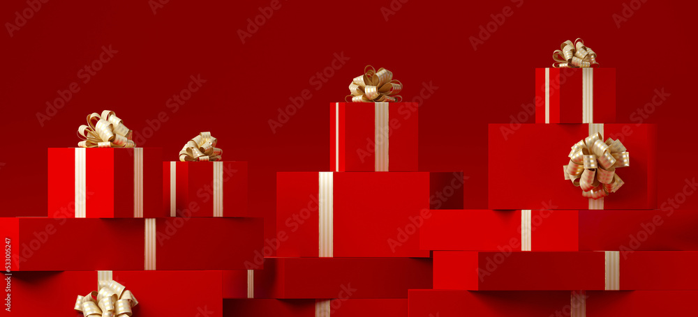 Poster minimal product background for christmas, new year and sale event concept. red gift box with golden 