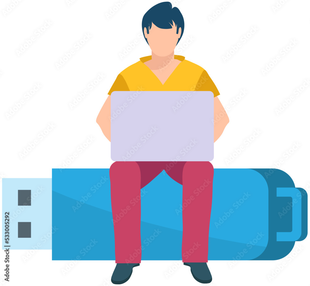 Poster business man with laptop sitting on usb flash drive digital device. freelancer or office worker work