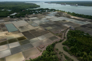 Aerial view of Can Gio salt fields in Vietnam.