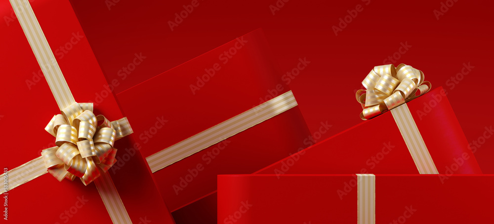 Poster minimal product background for christmas, new year and sale event concept. red gift box with golden 