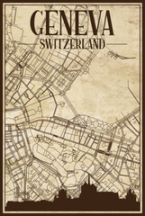 Brown vintage hand-drawn printout streets network map of the downtown GENEVA, SWITZERLAND with brown city skyline and lettering