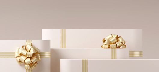 Minimal product background for Christmas, New year and sale event concept. Beige gift box with golden ribbon bow on beige background. 3d render illustration. Clipping path of each element included.