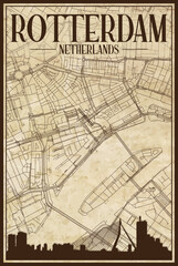 Brown vintage hand-drawn printout streets network map of the downtown ROTTERDAM, NETHERLANDS with brown city skyline and lettering