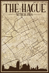 Brown vintage hand-drawn printout streets network map of the downtown THE HAGUE, NETHERLANDS with brown city skyline and lettering