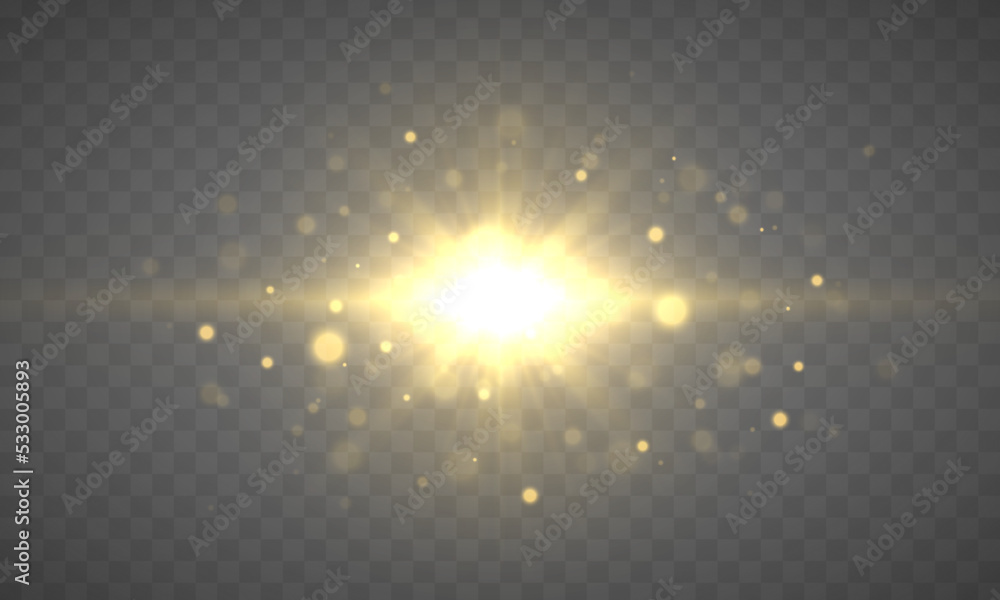 Poster golden glitter bokeh lights sparkles. shining star, sun particles and sparks with lens flare effect.