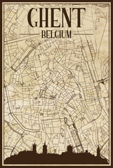 Brown vintage hand-drawn printout streets network map of the downtown GHENT, BELGIUM with brown city skyline and lettering
