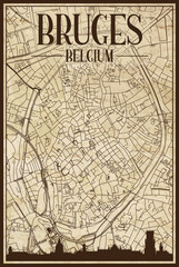 Brown vintage hand-drawn printout streets network map of the downtown BRUGES, BELGIUM with brown city skyline and lettering
