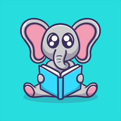 Cute elephant reading book cartoon vector icon illustration animal study activities