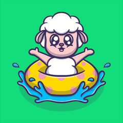 Cute sheep playing in the water with a buoy cartoon vector icon illustration animal activities