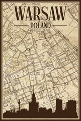 Brown vintage hand-drawn printout streets network map of the downtown WARSAW, POLAND with brown city skyline and lettering