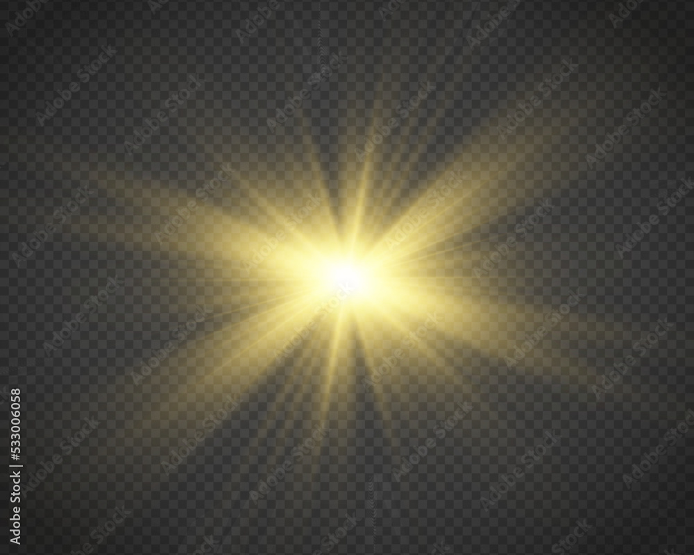 Aufkleber Flare with golden rays of light and magic sparkles. Bright star spark. Abstract yellow rays will raise. Transparent glitter gradient gloss, bright flash. Gold shining sun with sparkle rays. Vector.	