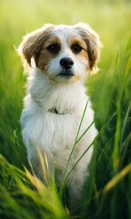 Photo of a dog in nature in the tall grass, dog lying on the grass, looking at the camera. Soft coat, glamour style photo, pet for advertising. Female and male dog photography.