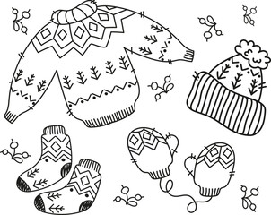 A set of cozy knitted warm clothes, coloring page.