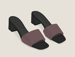 Vector flat image of summer women's shoes. Fashionable modern women's shoes. Violet and black mules with a low turn. Design for postcards, backgrounds, templates, textiles, banners.