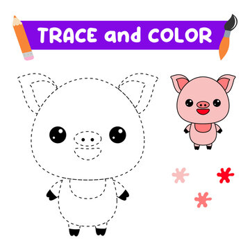 trace and color the animal. A training sheet for preschool children.Educational tasks for kids.Pig Coloring Book.