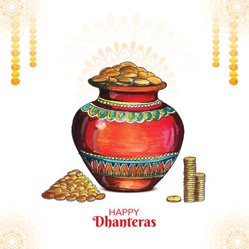 Illustration of gold coins in pot for dhantera celebration background