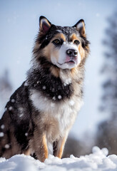 Photo of a dog in nature in the snow forest, looking at the camera. Soft coat, glamour style photo, pet for advertising. Female and male dog photography.