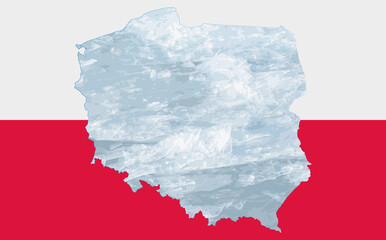 Outline map of Poland with the image of the national flag. Ice inside the map. Illustration. Energy crisis.