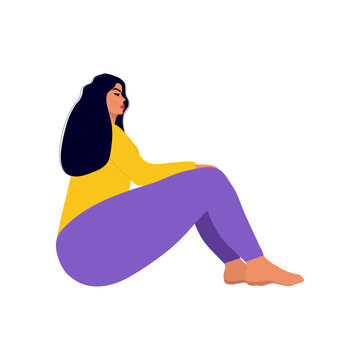 Lonely sad girl sits and looks into the distance. Vector illustration of a man of disproportionate shape.
