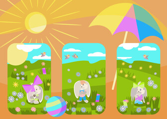 postcard rabbits sunbathe and play under the bright sun in a clearing