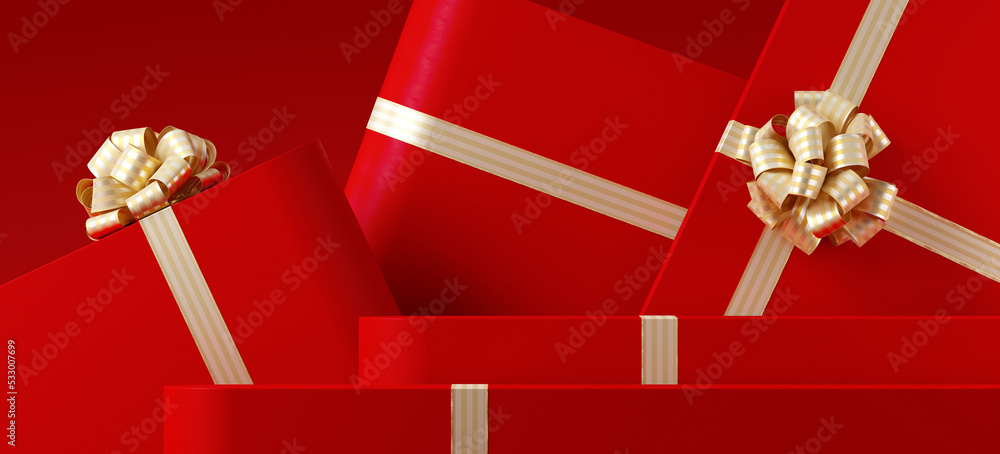 Poster minimal product background for christmas, new year and sale event concept. red gift box with golden 