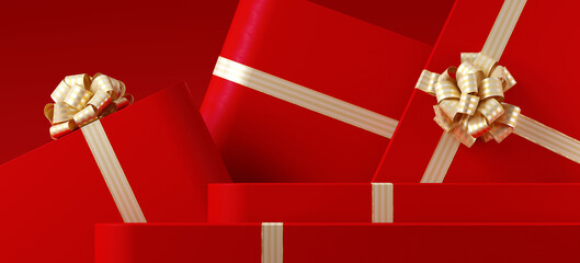 Minimal product background for Christmas, New year and sale event concept. Red gift box with golden ribbon bow on red background. 3d render illustration. Clipping path of each element included.